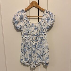 Floral Blue and White Girls Romper